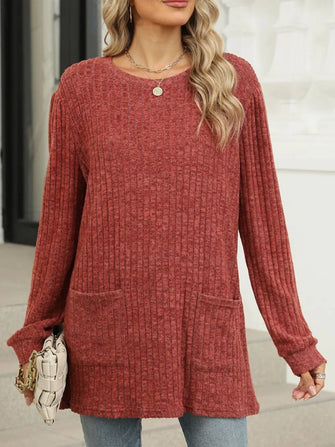 Rust Ribbed Knit Tunic with Pocket Dark Brown