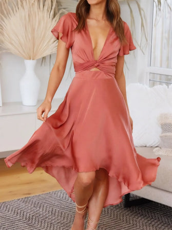 Rust Satin Midi Dress with Tie Front and Back Coral
