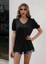 Rust V-Neck Puff Sleeve Top with Decorative Buttons Black Woman T Shirts
