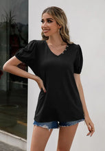 Rust V-Neck Puff Sleeve Top with Decorative Buttons Woman T Shirts
