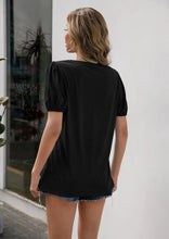 Rust V-Neck Puff Sleeve Top with Decorative Buttons Woman T Shirts