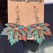 Rustic wooden dangle earrings with maple leaf shape and speckled blue red pattern