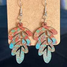 Rustic wooden dangle earrings with maple leaf, pumpkin shapes, teal and coral accents