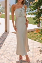 Sage Green One Shoulder Evening Dress in Polyester