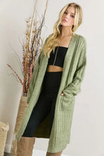 Sage green rib knit cardigan with super soft rib pockets and classic style