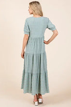 Sage green textured short sleeve tiered maxi dress with puff sleeves