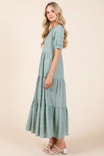 Sage green textured short sleeve tiered maxi dress with puff sleeves