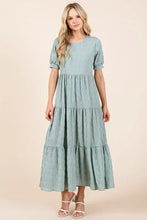 Sage green textured short sleeve tiered maxi dress with puff sleeves