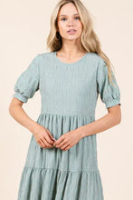 Sage green textured short sleeve tiered maxi dress with puff sleeves