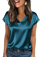 Teal satin v-neck cap sleeve blouse with short sleeves made of smooth satin fabric for elegant wear