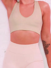 Beige Scoop Neck Wide Strap Active Bra with racerback design and high-cut sides for bust support