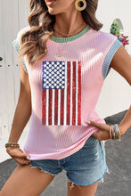 Sequin American Flag Pink Ribbed Sleeveless Top for Women Blush Pink