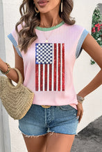 Sequin American Flag Pink Ribbed Sleeveless Top for Women