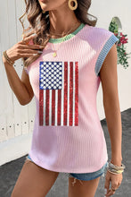 Sequin American Flag Pink Ribbed Sleeveless Top for Women