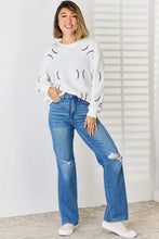 Sequin Baseball Round Neck Dropped Shoulder Sweatshirt Woman Sweatshirts