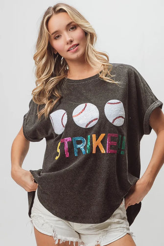 Sequin Baseballs Strike Washed Short Sleeve Graphic Tee for Women BLACK CHARCOAL