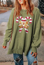 Oversized olive green sequin candy cane round neck long-sleeve sweatshirt