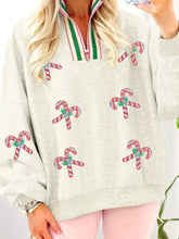 Heather gray sequin candy canes loose sweatshirt with red white embroidery and striped zipper collar, machine wash tumble dry