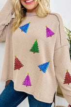 Beige ribbed long sleeve sweater with colorful sequined christmas trees and exposed seam drop shoulder design, machine wash safe