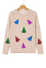 Beige ribbed long sleeve top with colorful sequin christmas tree appliqués machine wash friendly