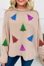 Beige ribbed long sleeve knit sweater with colorful sequin Christmas trees machine wash safe ribbed long design