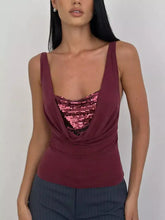 A maroon sequined detail ruched velvet tank with deep v-neckline and triangular panel at the bust, not cowl neck
