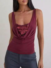 Maroon sleeveless velvet tank with cowl neck and sequined draped bodice, ideal for stylish evening wear