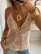 Beige halter neck cami with gold sequin and embroidery detailing for elegant evening wear