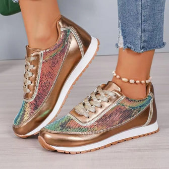 Sequin Embellished Metallic Sneakers for Women Gold