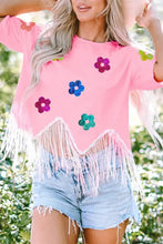 Pink sequin flower round neck half sleeve crop top with fringe hem
