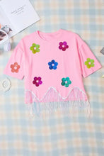 Sequin Flower Round Neck Half Sleeve T-Shirt Woman T Shirts