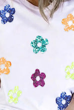 White sequin flower round neck short sleeve T-shirt with glittery patches