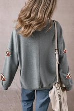 Sequin football round neck long sleeve sweatshirt in sage green with embroidered patterns