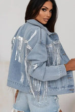 Sequin Fringe Trim Distressed Button Up Denim Jacket Woman Outerwear
