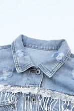 Sequin Fringe Trim Distressed Button Up Denim Jacket Woman Outerwear