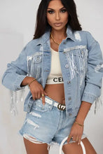 Sequin Fringe Trim Distressed Button Up Denim Jacket Woman Outerwear