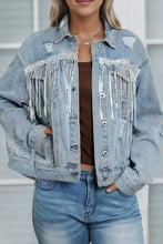 Sequin Fringe Trim Distressed Button Up Denim Jacket Woman Outerwear