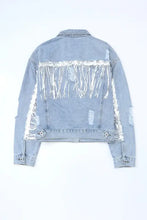 Sequin Fringe Trim Distressed Button Up Denim Jacket Woman Outerwear