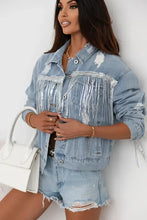 Sequin Fringe Trim Distressed Button Up Denim Jacket Woman Outerwear