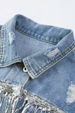 Sequin Fringe Trim Distressed Button Up Denim Jacket Woman Outerwear