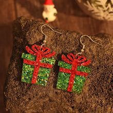 Sequin gift box PU leather earrings with green glitter and red ribbons