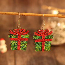 Sequin gift box PU leather earrings with green glitter and red bows