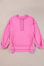 Pink sequin half button long sleeve sweatshirt with side panels