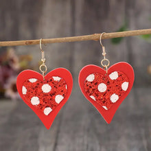 Sparkly sequin heart leather drop earrings in red with polka dots
