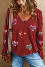 Women’s long sleeve sequin heart V-neck T-shirt in red
