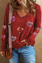 Women’s sequin heart V-neck long sleeve T-shirt with bow embellishments