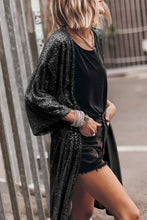 Black sequined kimono cardigan with long sleeve length and open front