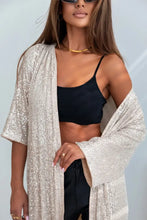 Silver sequined kimono cardigan with bell sleeves and gold hardware