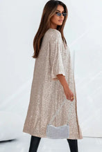 Beige sequined kimono cardigan with bell sleeves and houndstooth pocket