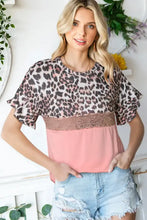 Sequin leopard round neck top with pink panel and black shorts set